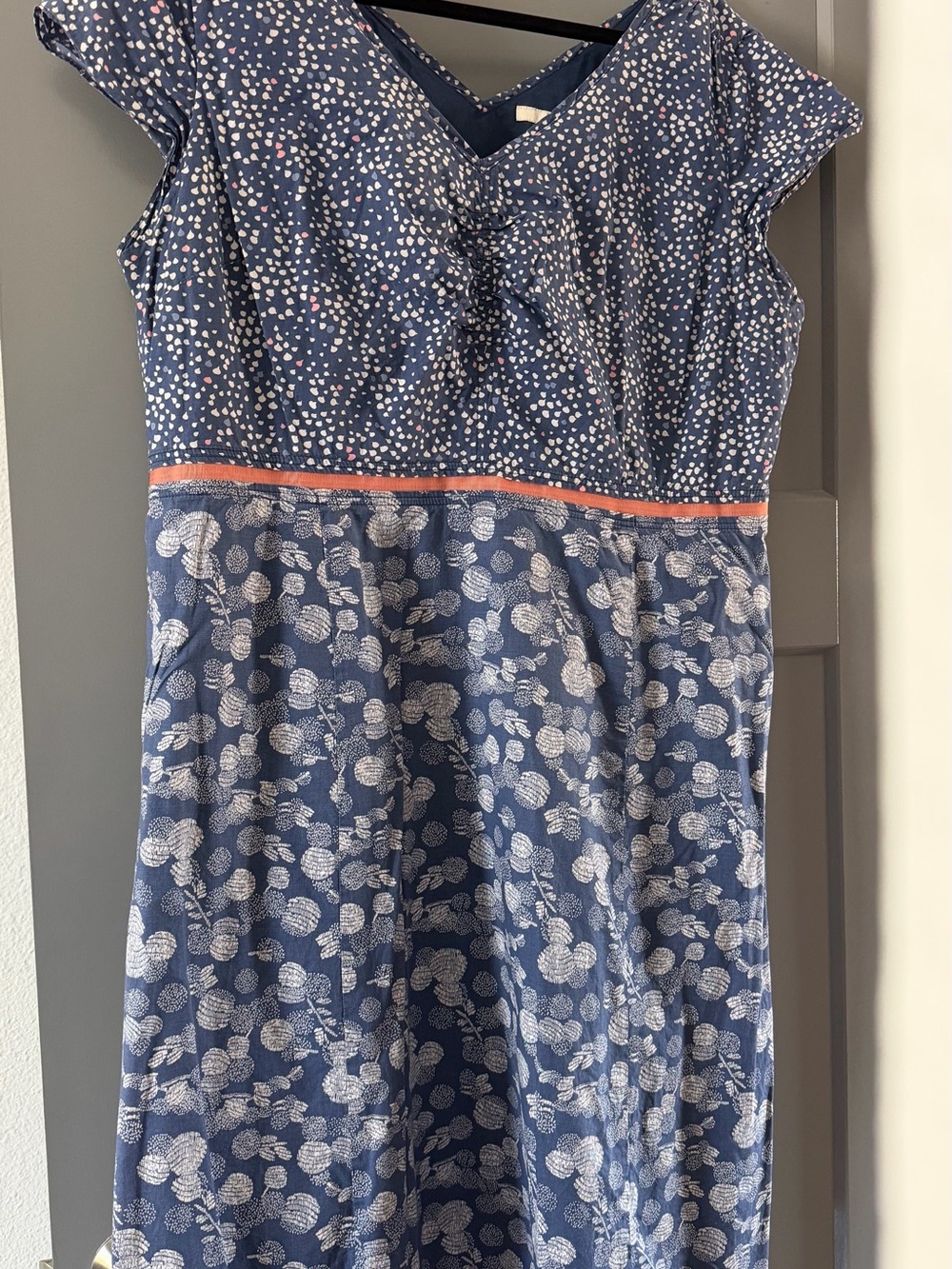 Boden Navy Blue Dress with White Floral & Pink Dot Print and Coral Waist Trim
